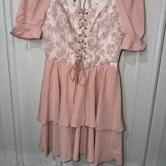 Fairycore Coquette Corset Lace Up Pink Mini Dress Puff Sleeve Cottagecore  Large - Picture 5 of 13